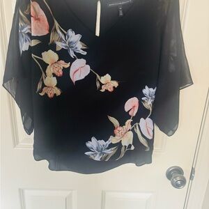 White House Black Market Black Floral Chiffon Kimono Sleeve Blouse